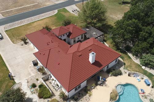Arial view of adobe style roofing.