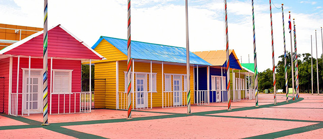 Image, houses with bright painted roofs